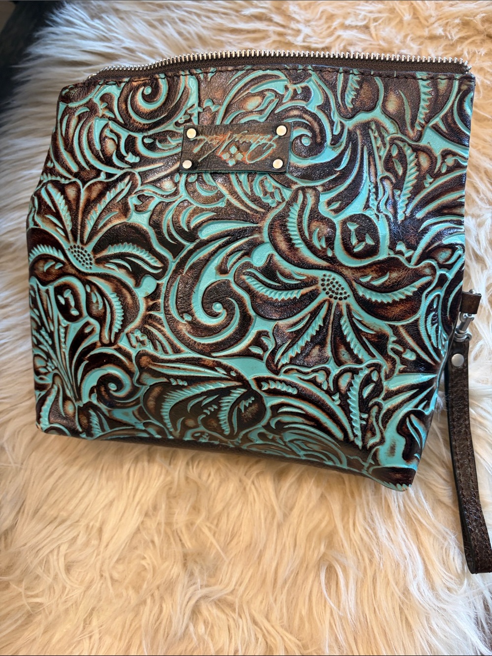Patricia Nash Turquoise and Brown Tooled Floral Wristlet Clutch